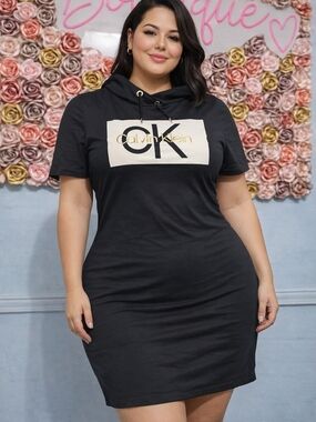 Calvin Klein Black Hooded Logo Tee Dress with Gold Accent